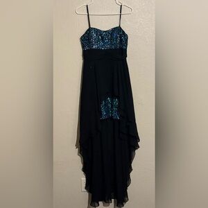 Adrianna Papell Black and Blue Sequin Hi/Lo Formal Gown